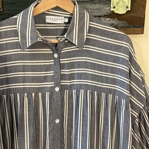 Harshman Randall Grey White Twin Striped Oversized Button Down Blouse Size Small - Picture 6 of 15